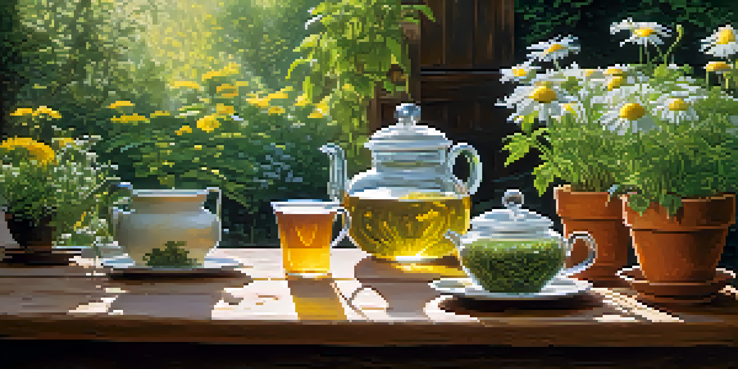 A rustic wooden table in a lush garden, showcasing various herbal plants in terracotta pots and an array of herbal teas in glass jars, with a steaming cup of chamomile tea in the foreground.