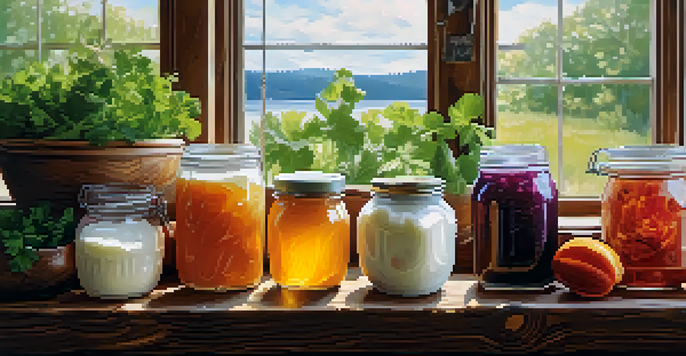 A collection of fermented foods like yogurt, sauerkraut, and kombucha on a wooden table, illuminated by soft natural light.