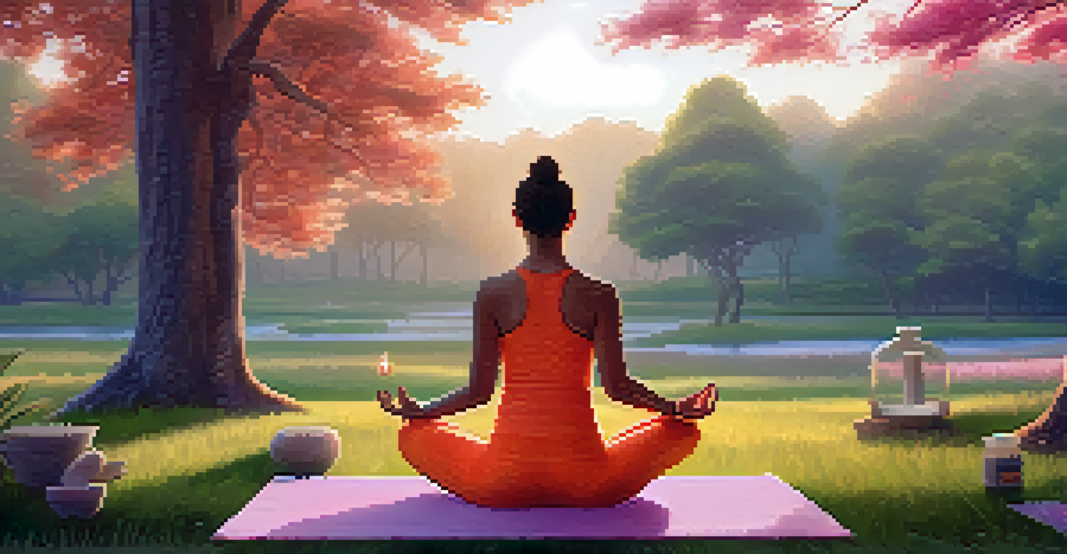 An individual practicing yoga outdoors at dawn, with a bowl of herbal supplements on a yoga mat amidst a tranquil natural setting.