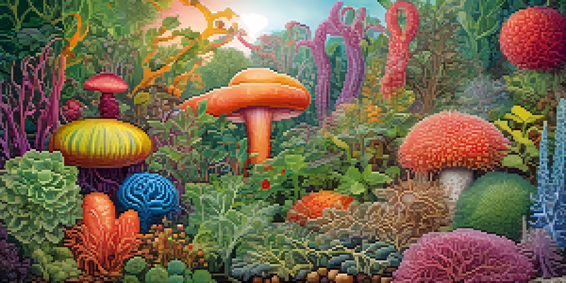An artistic representation of a diverse microbiome as a colorful garden with various plants, set against a soft-focus background of the human gut, symbolizing health and balance.