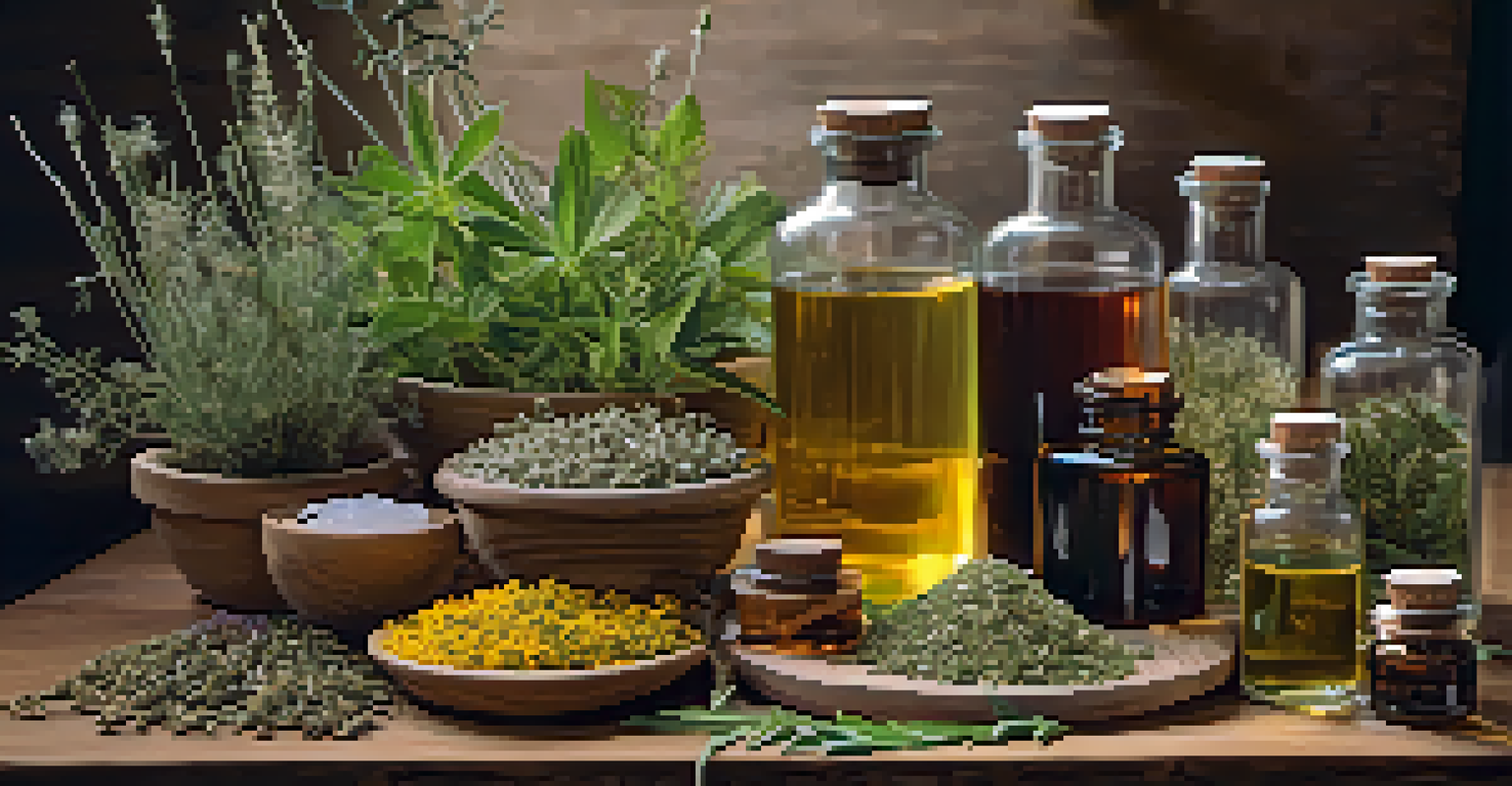 An artistic arrangement of herbal remedies, including dried herbs and essential oils, emphasizing the blend of tradition and modern science.