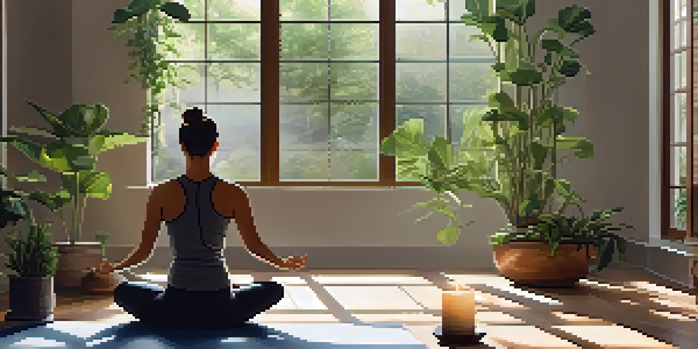 A person practicing yoga in a peaceful room filled with plants and soft lighting, creating a calm atmosphere.