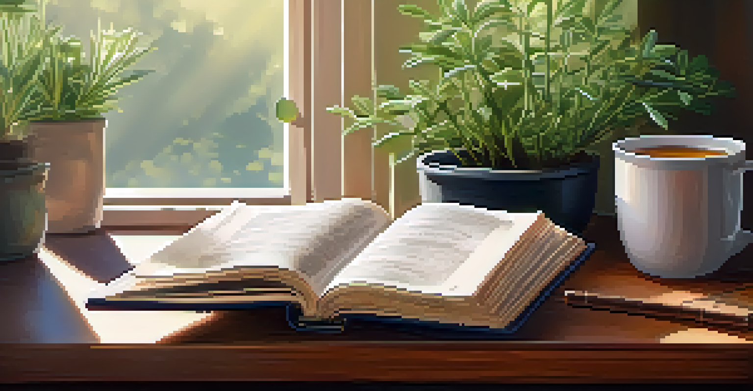An inviting desk scene with an open book on naturopathy, a cup of herbal tea, and a potted plant in soft morning light.