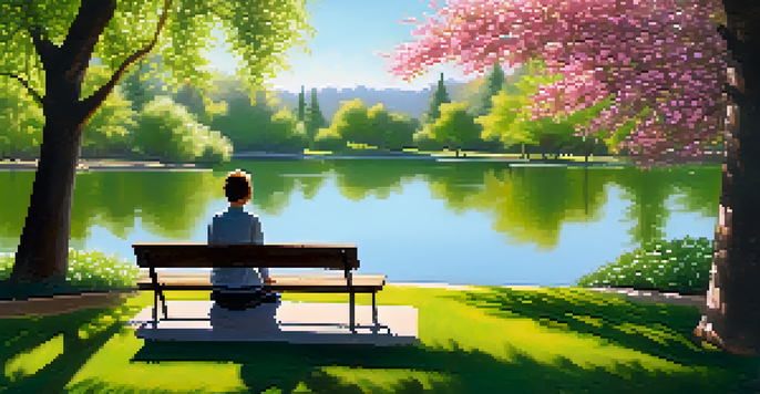 A peaceful park scene with a person meditating on a bench surrounded by trees and flowers, sunlight filtering through leaves.