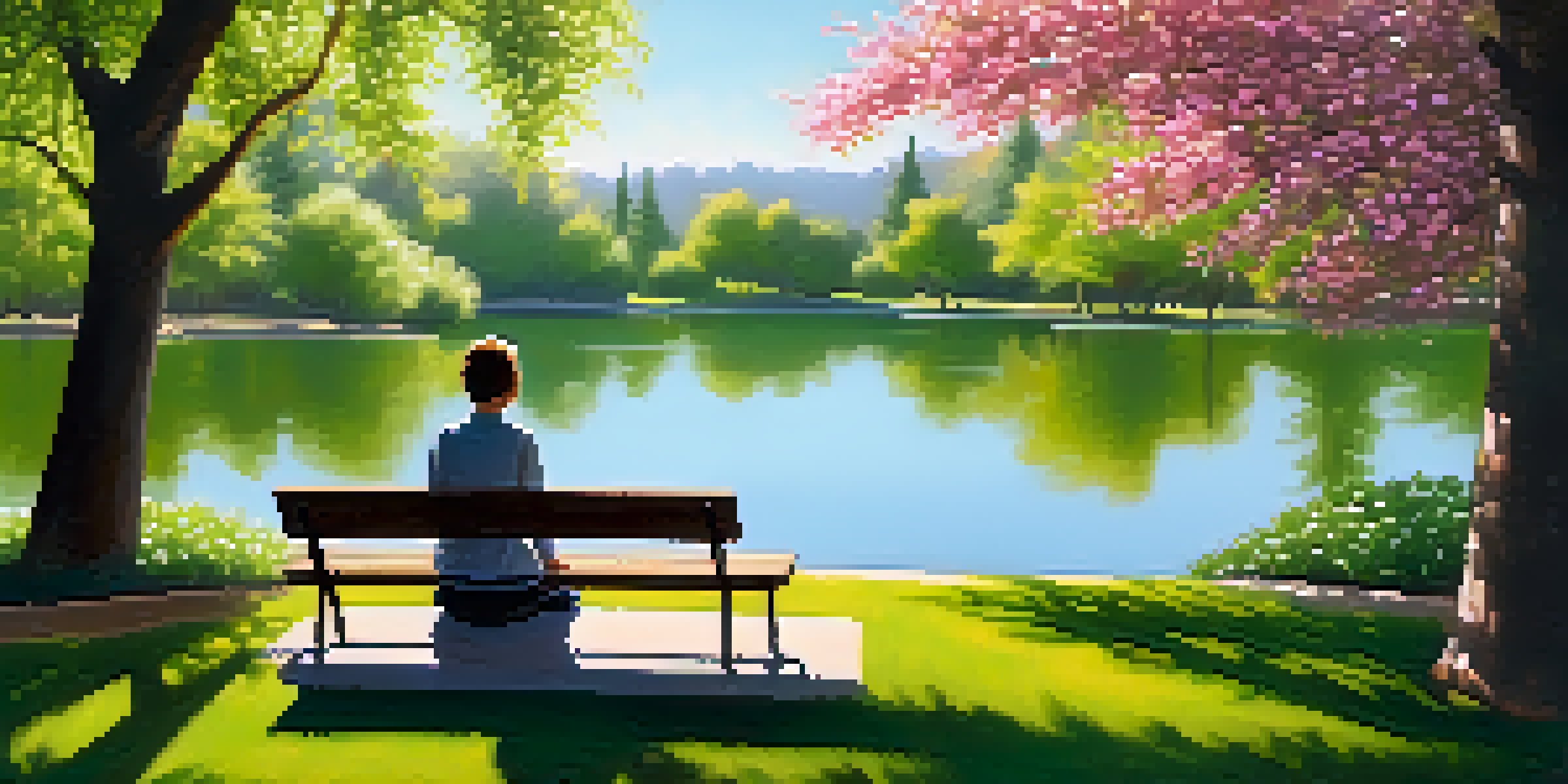A peaceful park scene with a person meditating on a bench surrounded by trees and flowers, sunlight filtering through leaves.