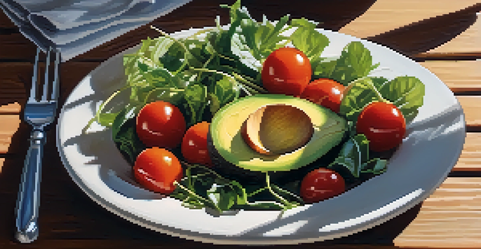 A close-up view of a colorful salad including leafy greens, tomatoes, and avocado on a rustic wooden table.