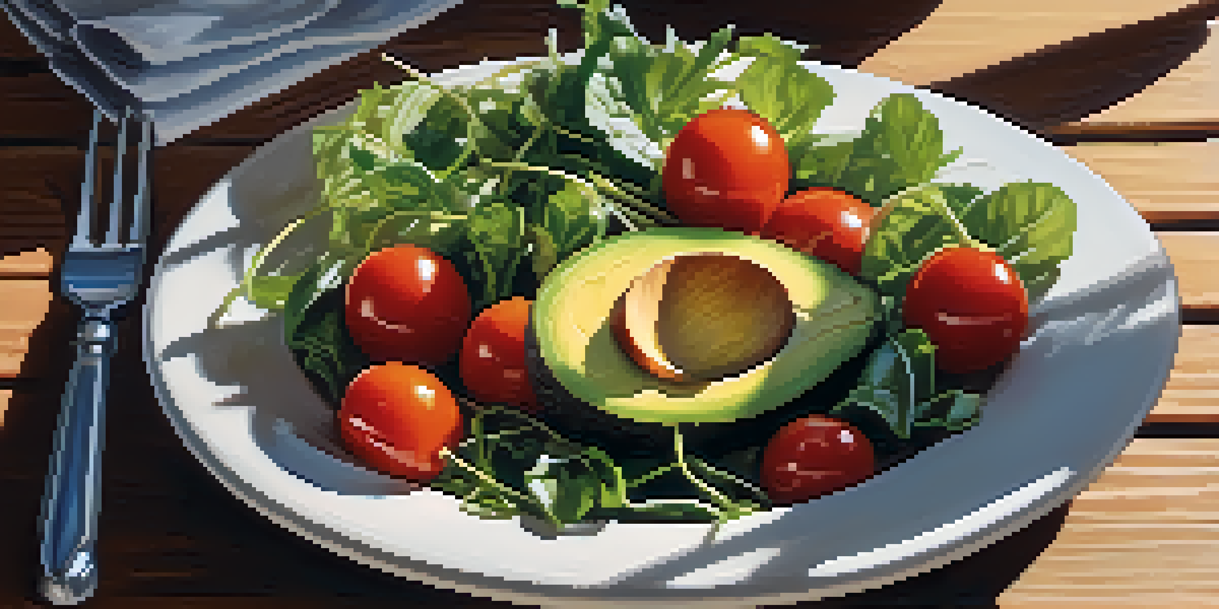 A close-up view of a colorful salad including leafy greens, tomatoes, and avocado on a rustic wooden table.