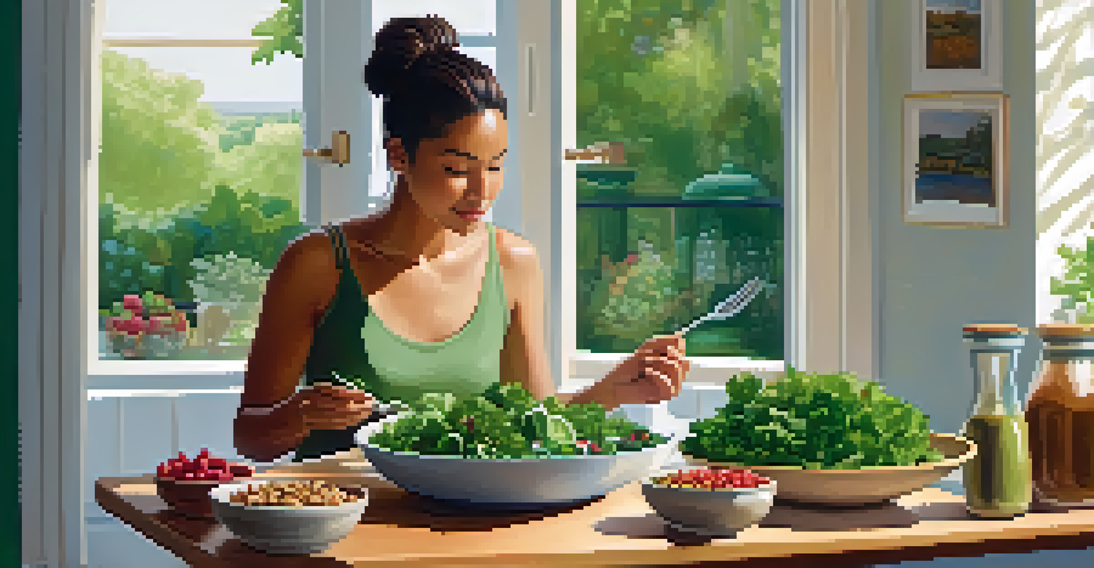 A person enjoying a colorful salad at a table, with soft lighting and a garden view through the window, emphasizing a mindful eating experience.