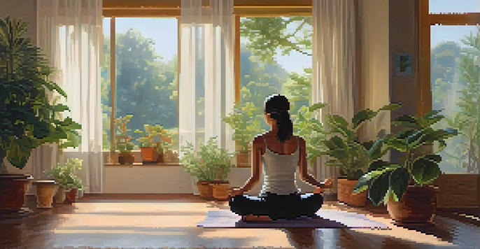 A person meditating in a sunlit room surrounded by plants and a cup of herbal tea, creating a peaceful atmosphere.