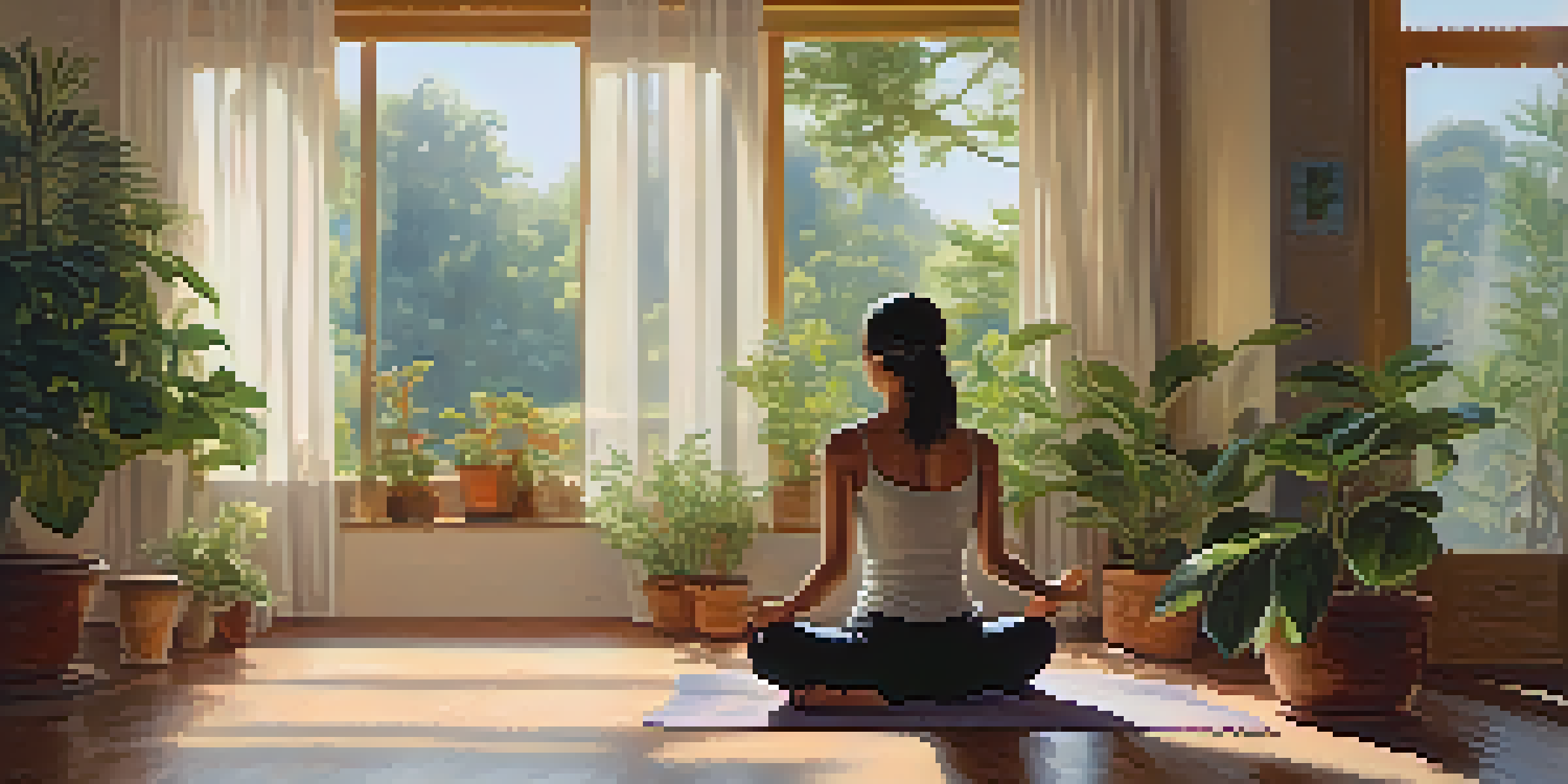 A person meditating in a sunlit room surrounded by plants and a cup of herbal tea, creating a peaceful atmosphere.