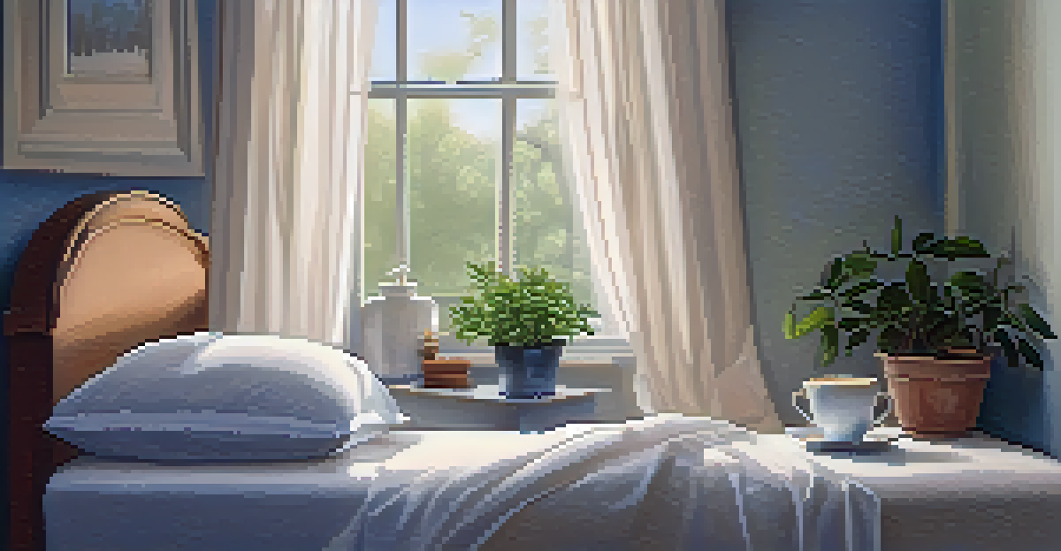 A cozy bedroom with a neatly made bed, a bedside table with a plant, and soft twilight light filtering through sheer curtains.