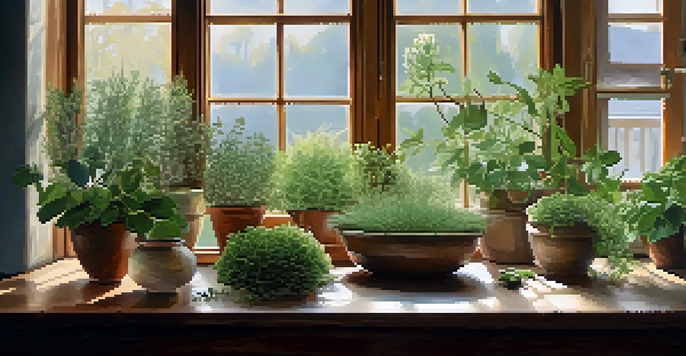 A wooden table displaying adaptogenic herbs like ashwagandha roots, rhodiola flowers, and dried holy basil leaves in a sunlit kitchen with green plants.