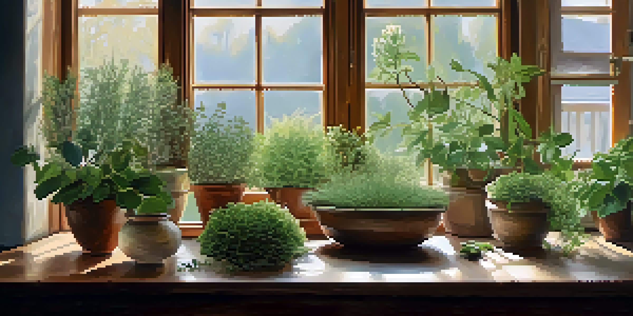 A wooden table displaying adaptogenic herbs like ashwagandha roots, rhodiola flowers, and dried holy basil leaves in a sunlit kitchen with green plants.