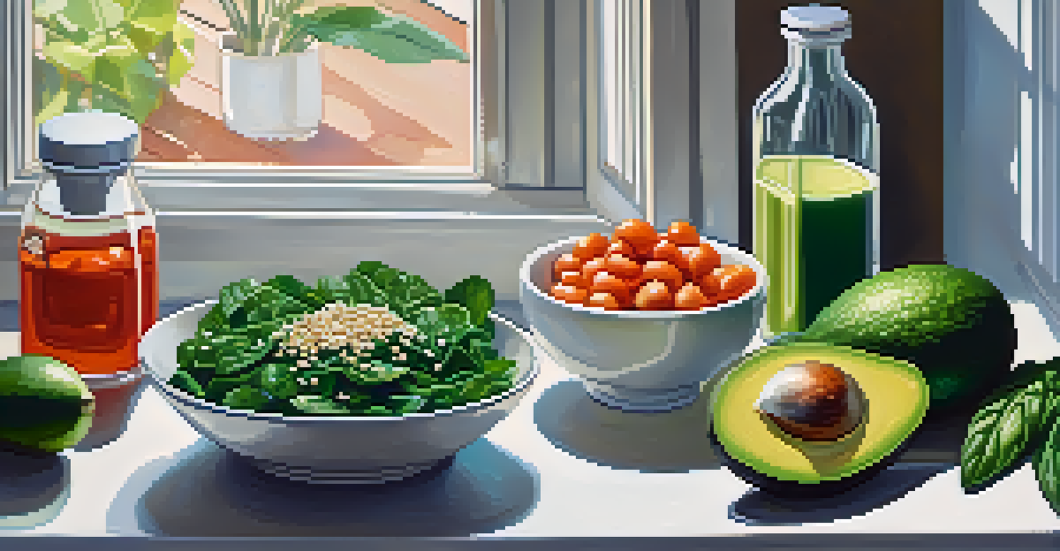A colorful salad with spinach, kale, and avocado beside a bowl of lutein supplements, with natural light shining in.