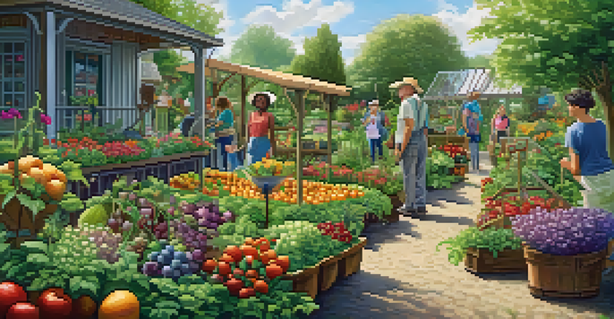 A colorful community garden with people gardening, bright fruits and vegetables, and sunlight filtering through the leaves.