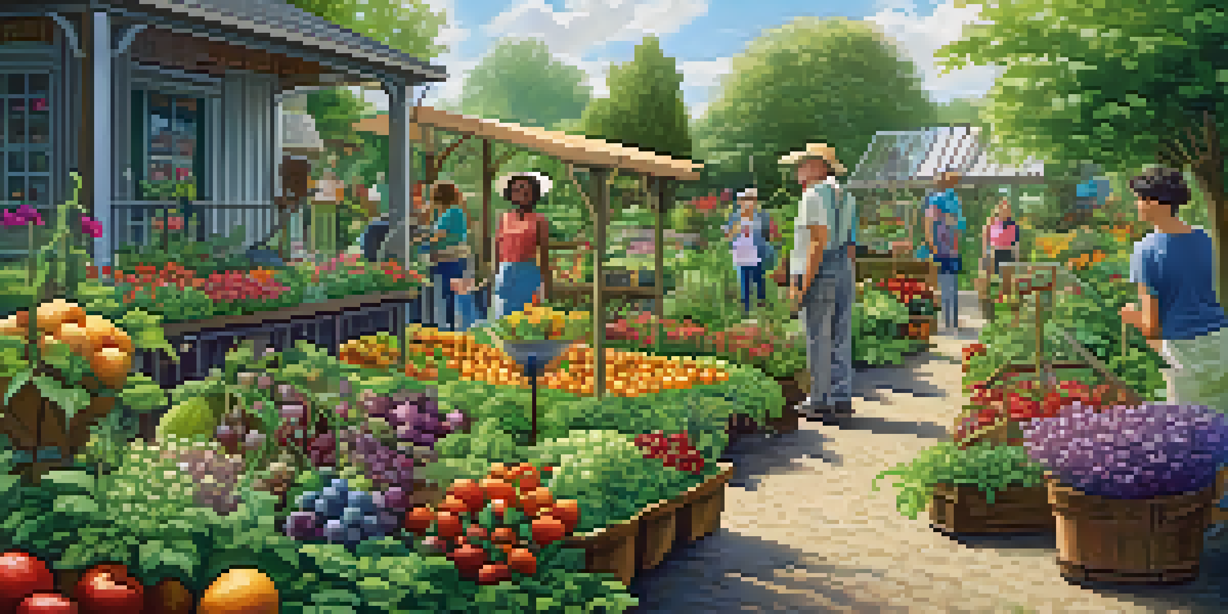 A colorful community garden with people gardening, bright fruits and vegetables, and sunlight filtering through the leaves.