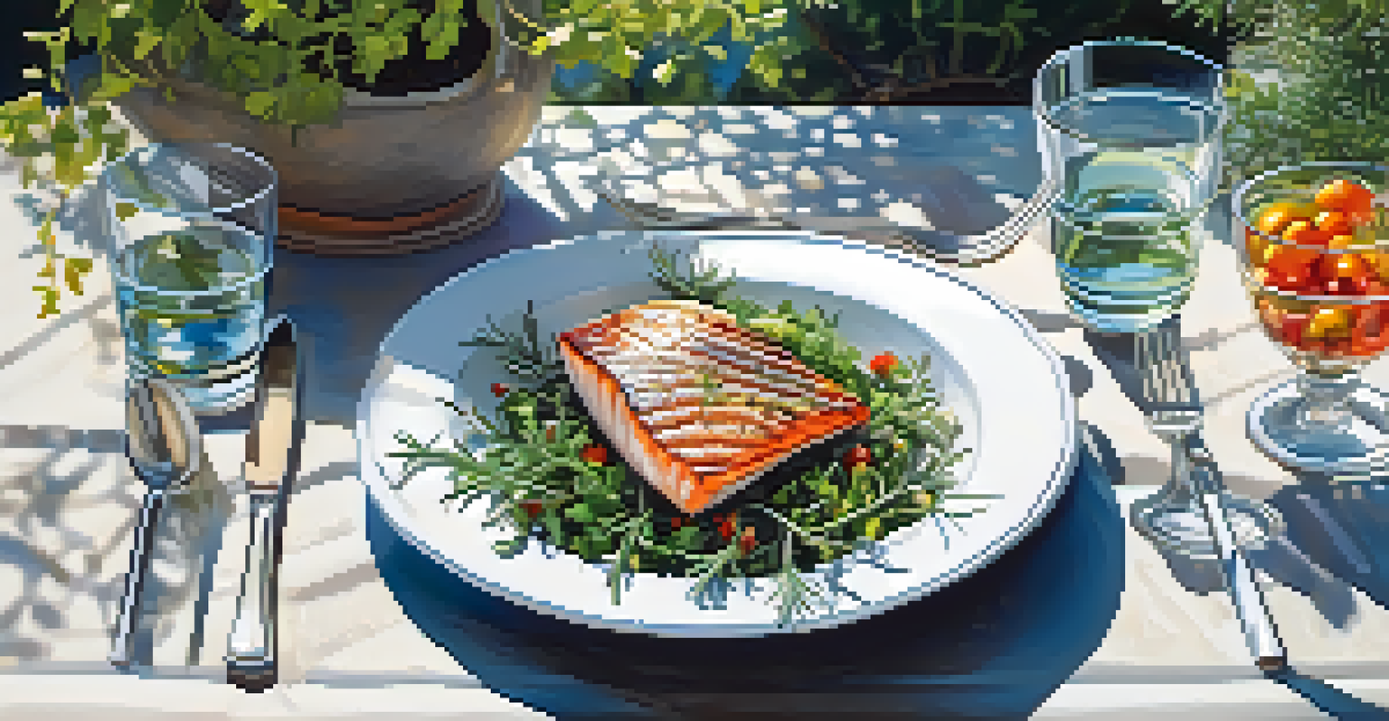 A beautifully arranged outdoor table with a healthy meal including salad and fish, surrounded by herbs, and dappled sunlight filtering through tree leaves.