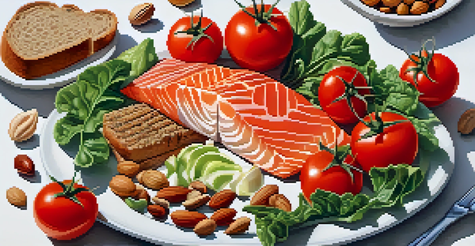 A colorful plate filled with heart-healthy foods like tomatoes, greens, whole grain bread, grilled salmon, and nuts, arranged beautifully under soft, natural light.