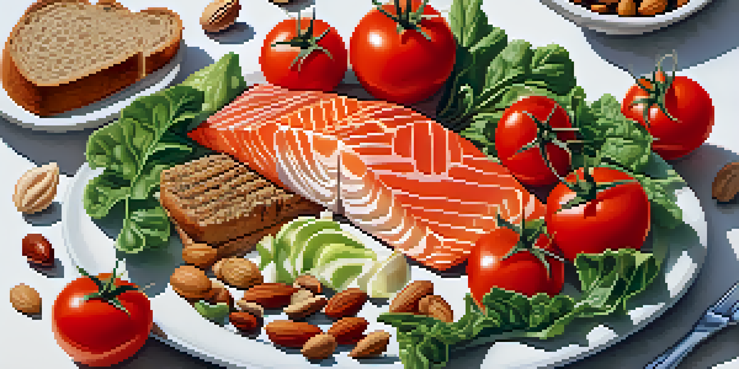 A colorful plate filled with heart-healthy foods like tomatoes, greens, whole grain bread, grilled salmon, and nuts, arranged beautifully under soft, natural light.