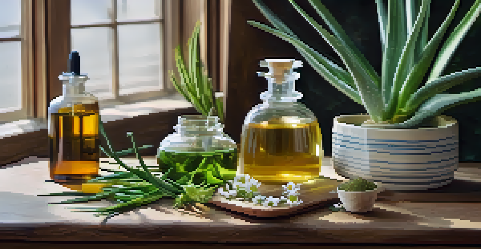 A collection of herbal skincare products displayed on a wooden table with soft natural lighting.