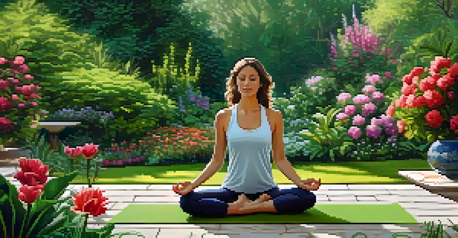 A person practicing yoga in a lush garden, surrounded by colorful flowers and greenery for stress relief.