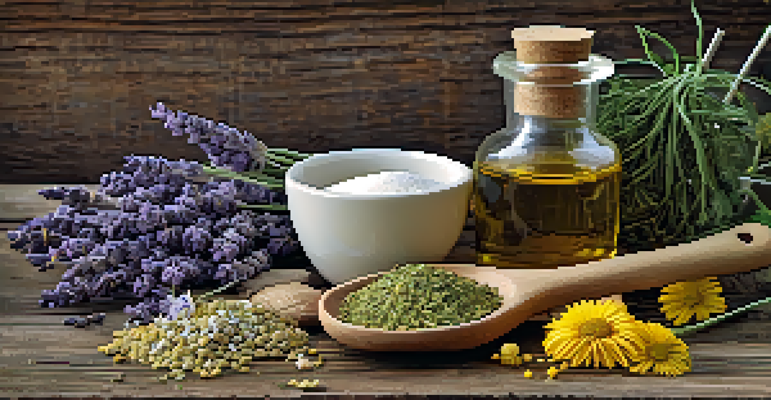 An artistic arrangement of herbal ingredients like lavender, chamomile, and ginger on a rustic wooden table, symbolizing natural healing.