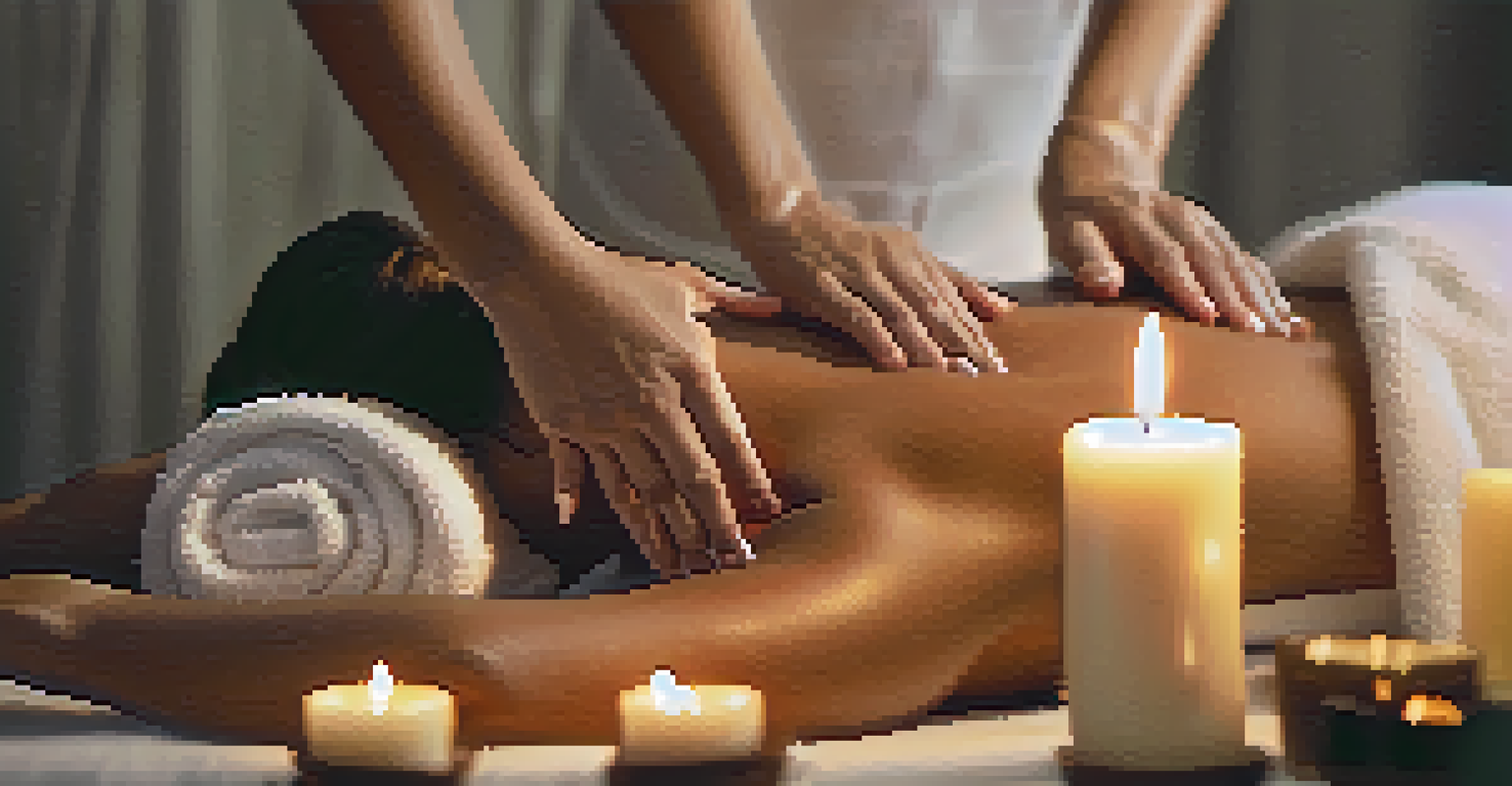 A close-up of hands applying essential oils during a massage, set in a calming environment with soft lighting.
