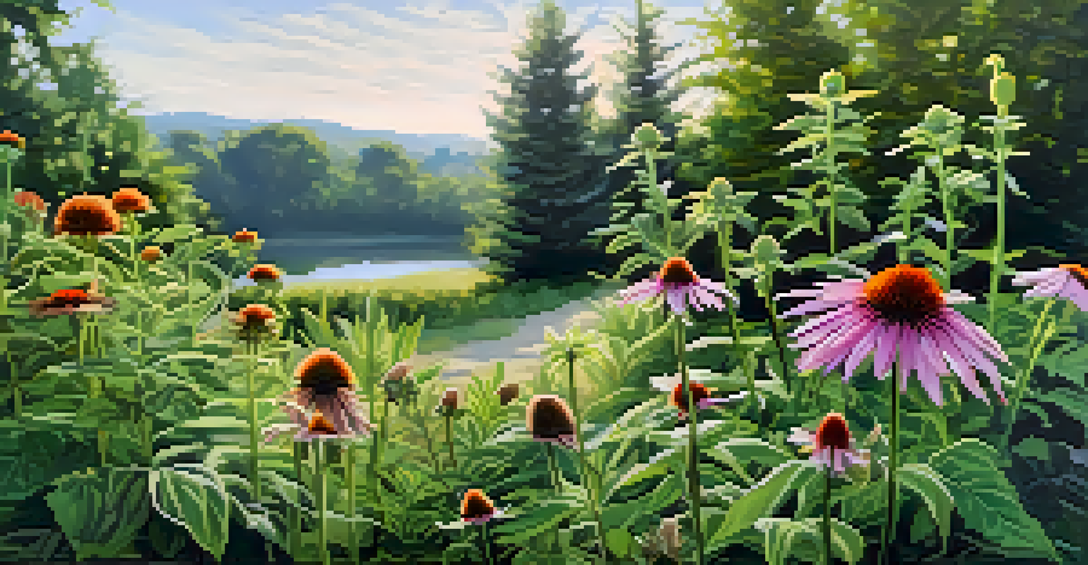 A tranquil garden filled with lush green herbs, including echinacea and ashwagandha, with sunlight filtering through the leaves.