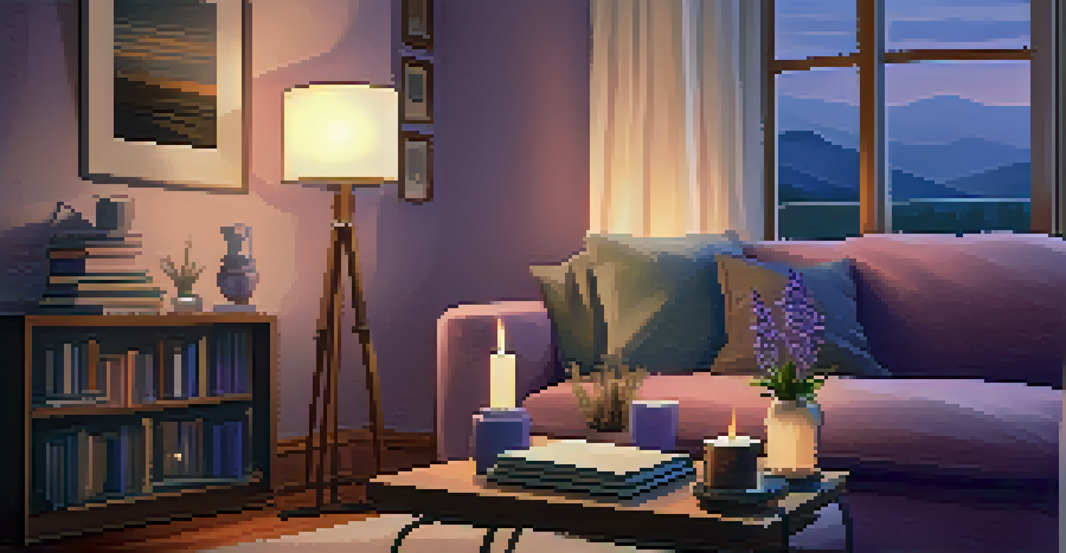 A living room with a diffuser releasing lavender vapor, cushions on the sofa, a lit candle, and warm lighting creating a serene environment.