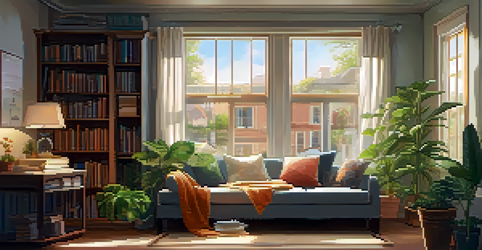 A cozy reading nook inside a home, showcasing a tranquil atmosphere with plush furnishings and plants, while busy street sounds are muted.