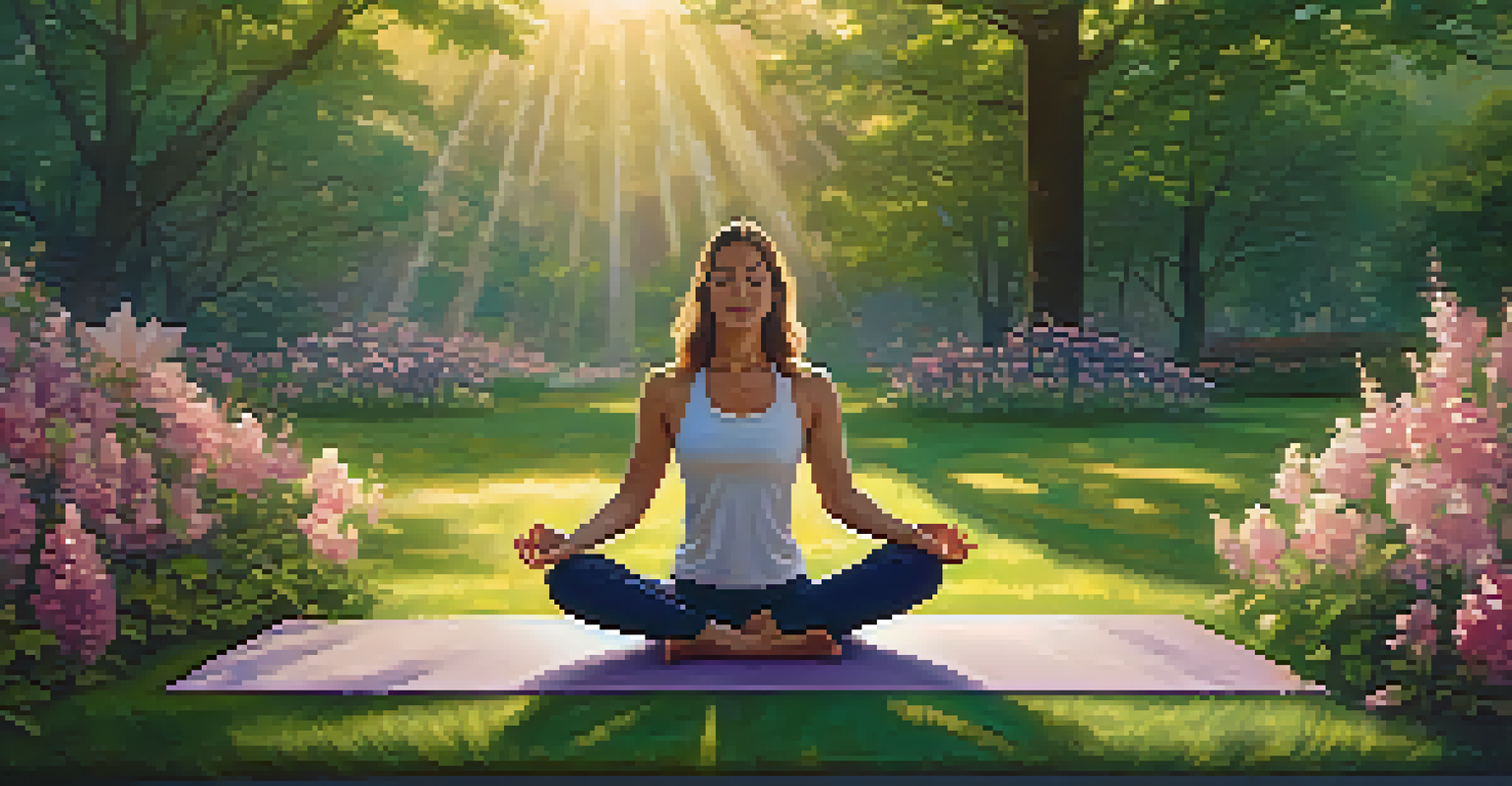 A person practicing yoga on a mat in a green park during golden hour, surrounded by trees and flowers.