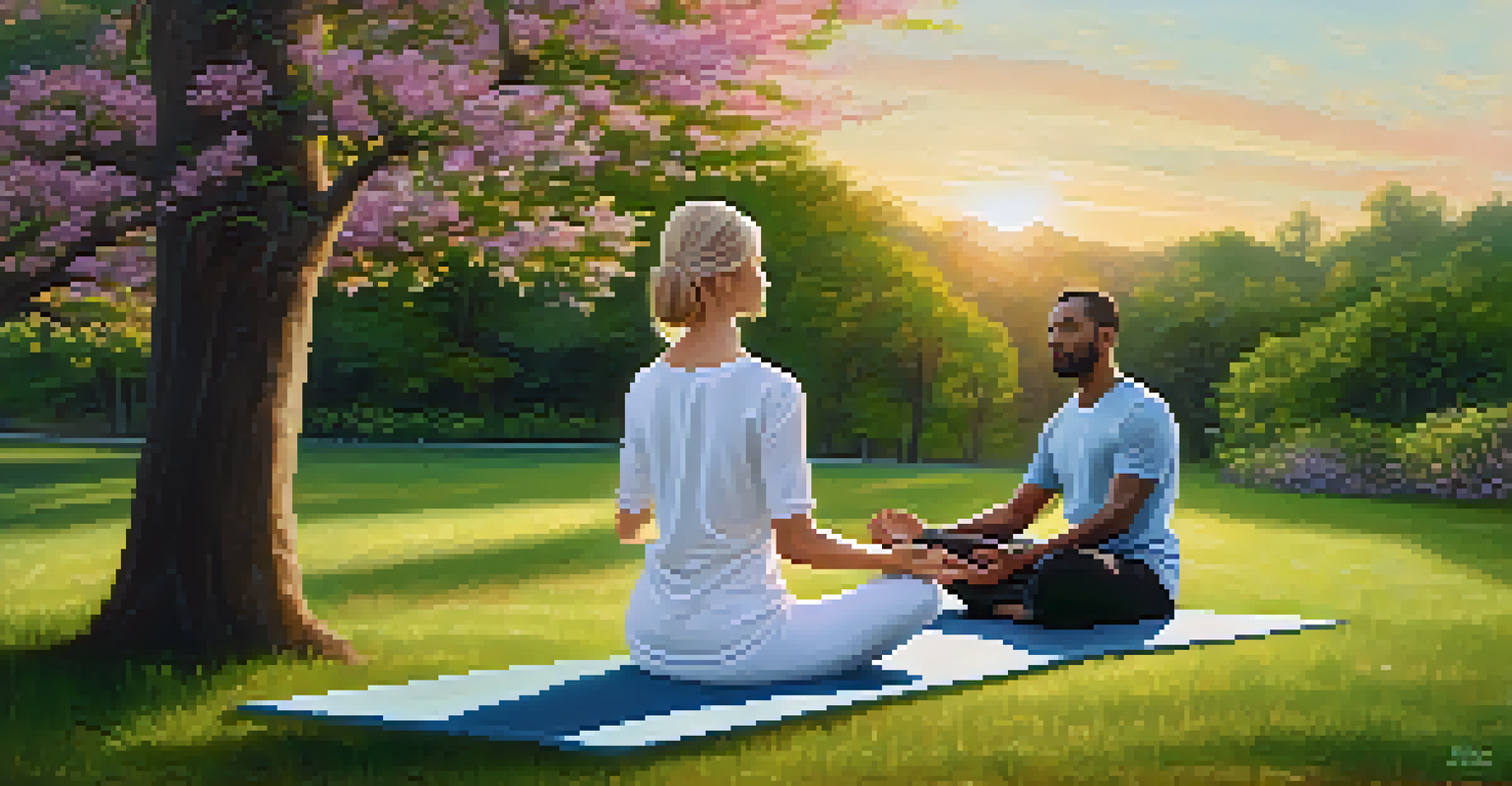 A holistic health practitioner teaching mindfulness in a peaceful park setting during sunset, promoting wellness and connection to nature.