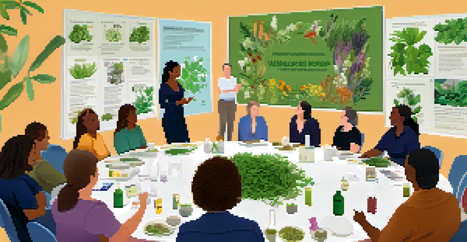 A workplace wellness workshop with employees in a circle, a facilitator with herbs, and tables with herbal teas and essential oils.