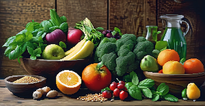 A colorful display of fresh fruits, vegetables, whole grains, and herbs on a rustic wooden table, highlighting healthy nutrition.