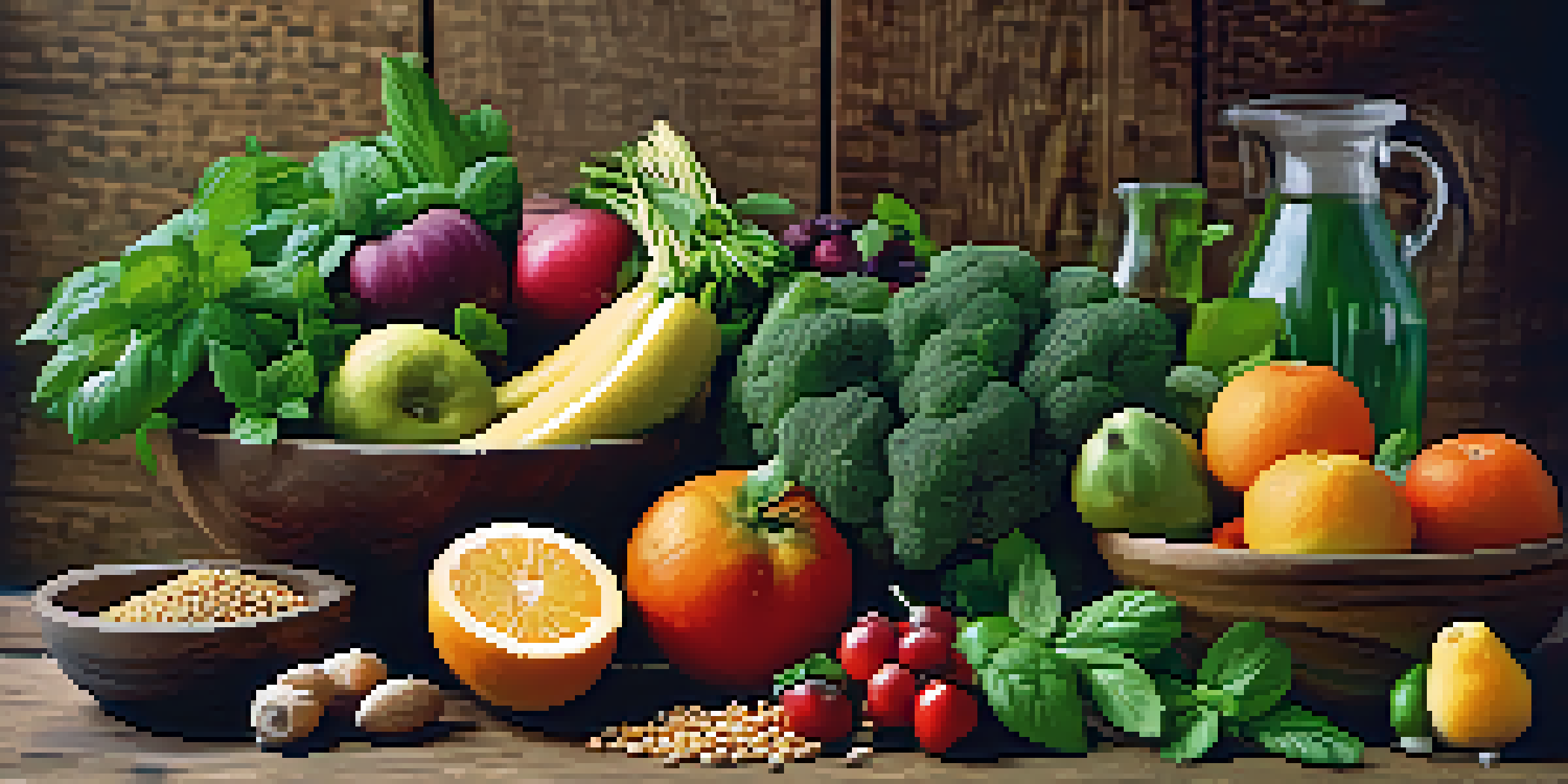 A colorful display of fresh fruits, vegetables, whole grains, and herbs on a rustic wooden table, highlighting healthy nutrition.