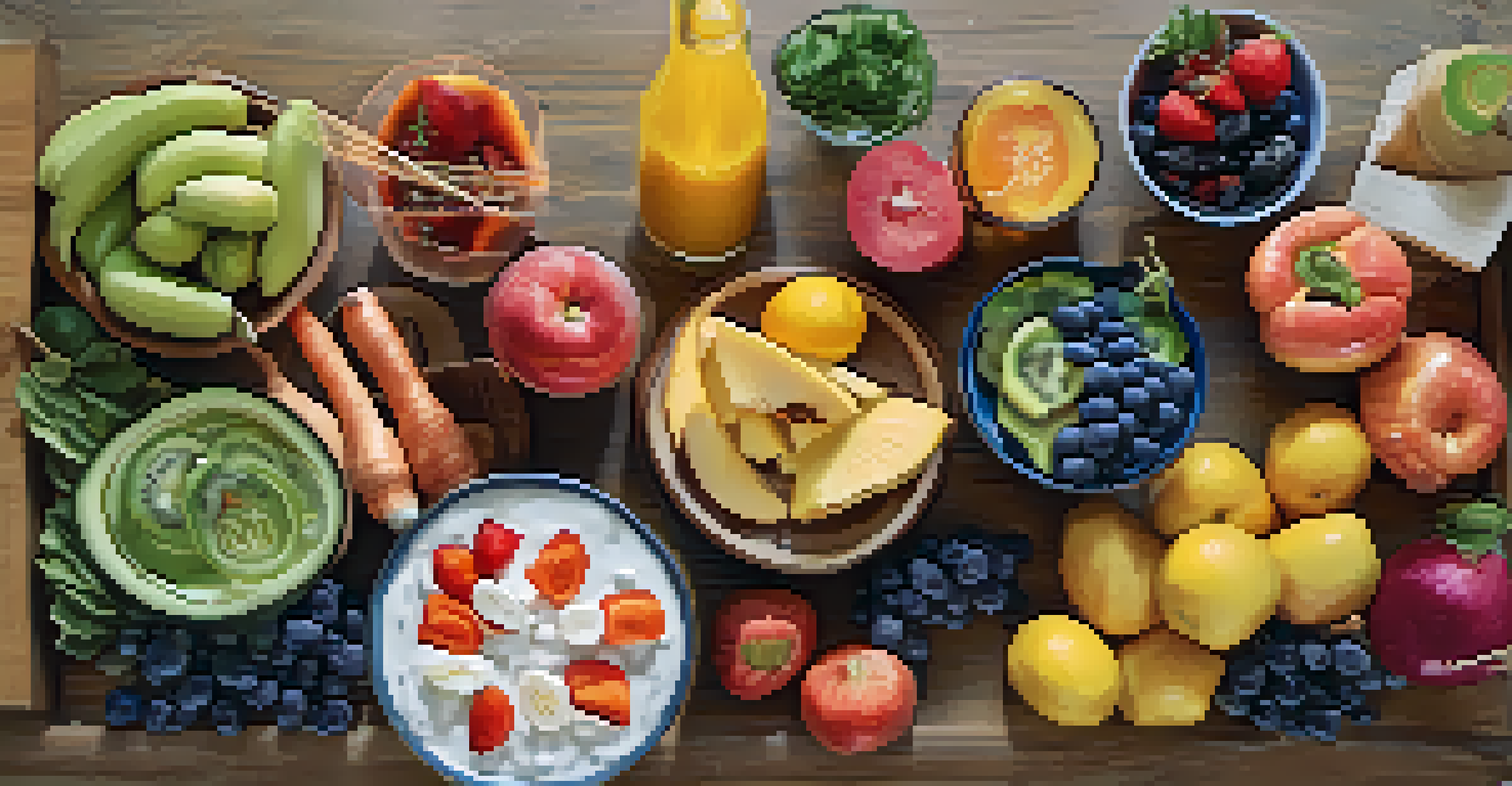 A close-up view of a wooden table displaying a variety of healthy foods including fruits, vegetables, and fermented items, all promoting microbiome diversity in a naturally lit setting.