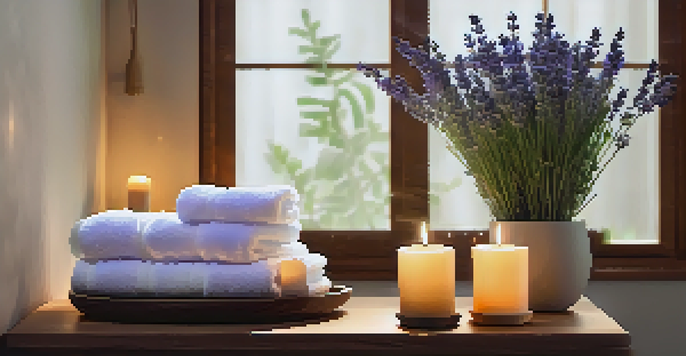 A relaxing home spa scene with a diffuser, candles, and plants, illuminated by soft lighting.