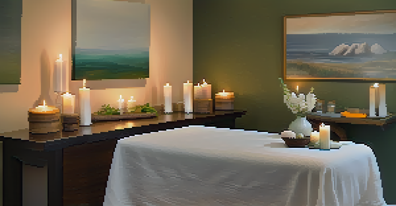 A tranquil massage therapy room with essential oils, candles, and soft pastel decor.