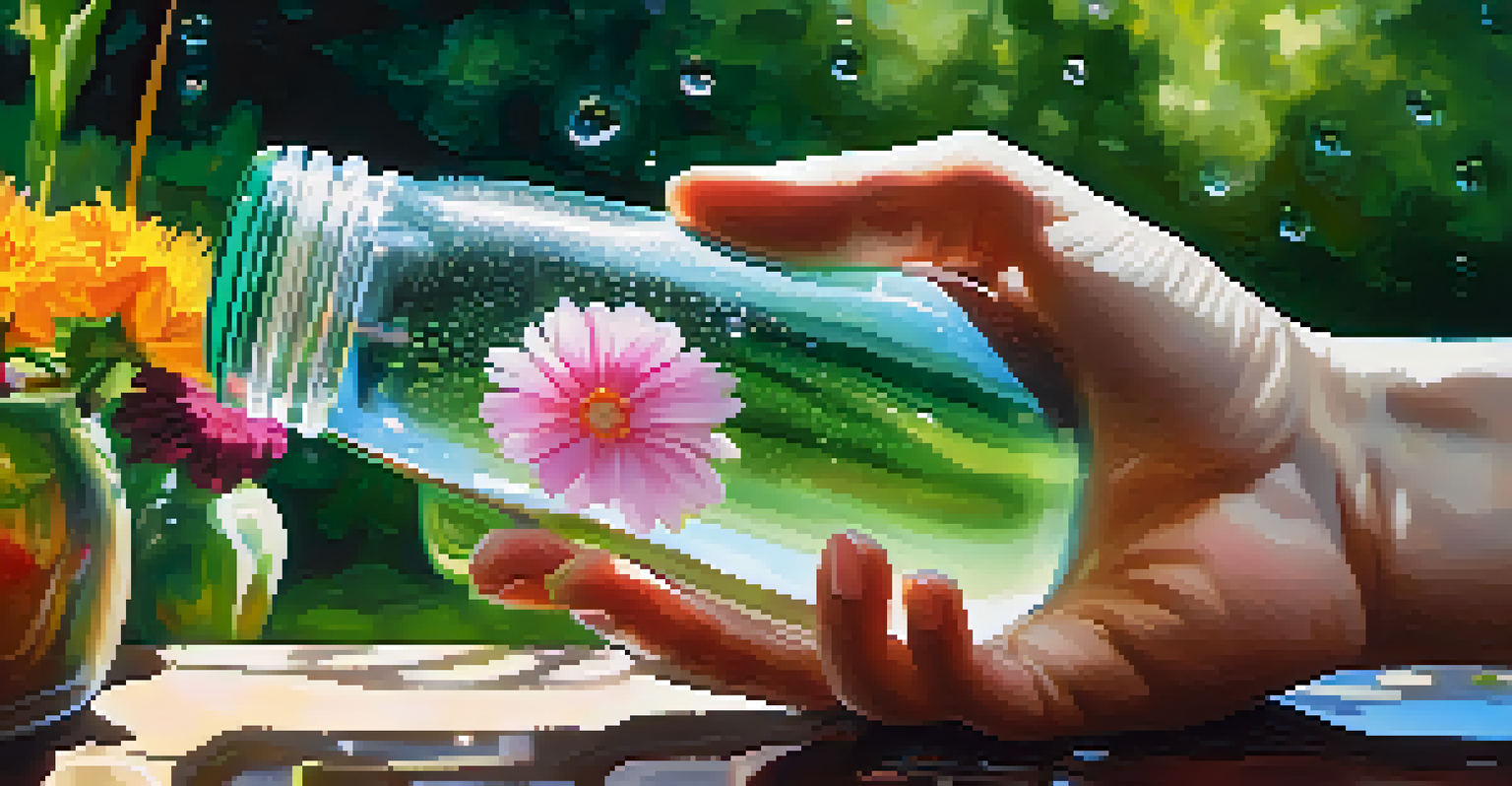 A close-up of hands holding a water bottle with droplets, set against a green garden background.