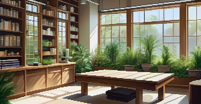 An inviting naturopathic clinic with natural wood furniture, green plants, and sunlight streaming through windows, creating a peaceful atmosphere.