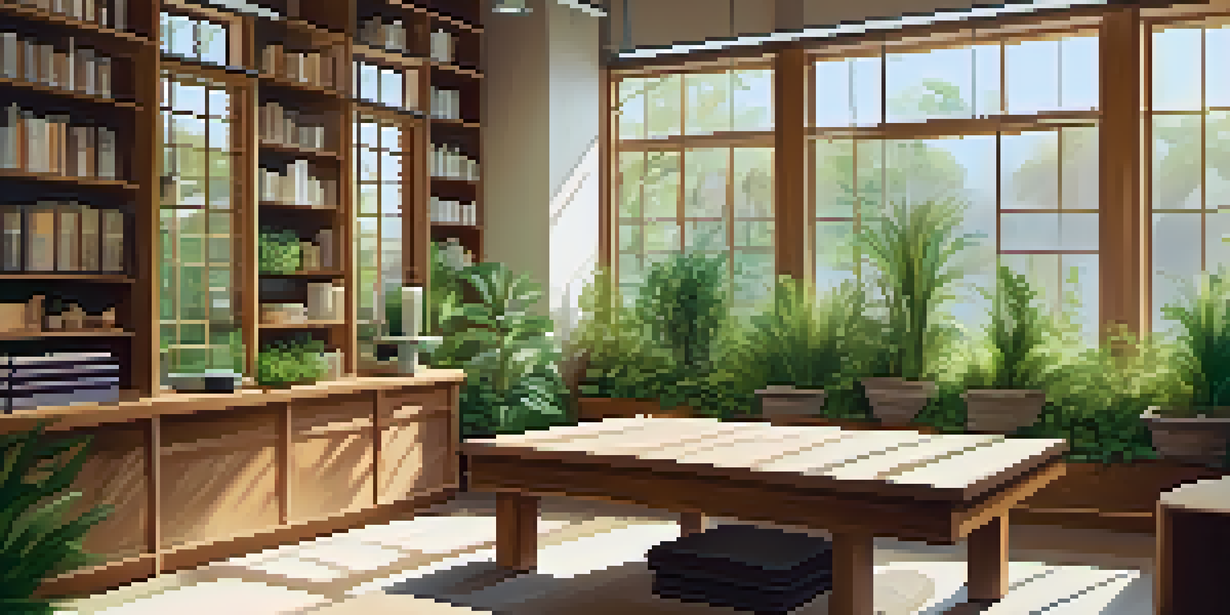 An inviting naturopathic clinic with natural wood furniture, green plants, and sunlight streaming through windows, creating a peaceful atmosphere.