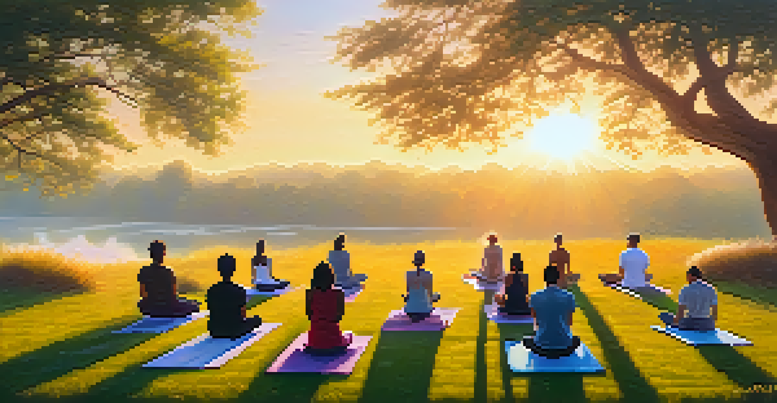 A diverse group of people practicing yoga outdoors at sunrise in a grassy field, surrounded by soft morning mist.