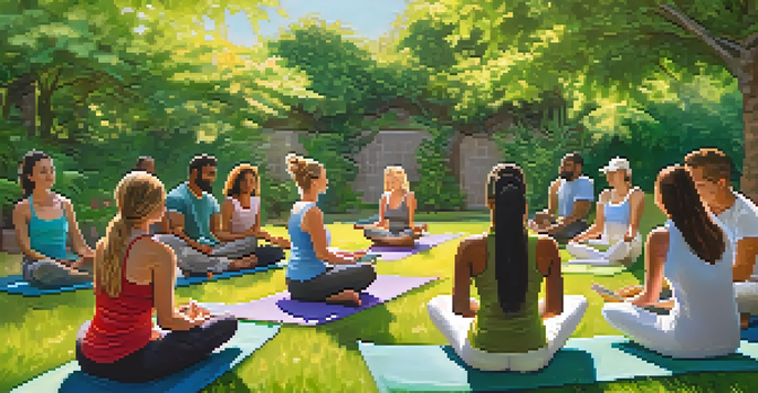 A diverse group of people participating in a naturopathic workshop in a lush garden, sharing experiences and taking notes.