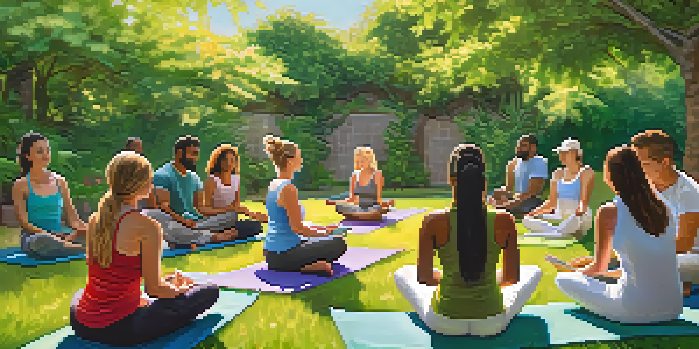 A diverse group of people participating in a naturopathic workshop in a lush garden, sharing experiences and taking notes.