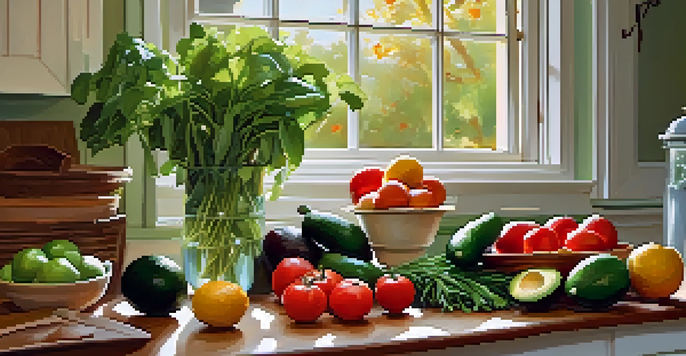A bright kitchen with a wooden table filled with fresh fruits and vegetables, illuminated by sunlight, highlighting leafy greens and herbs in pots.