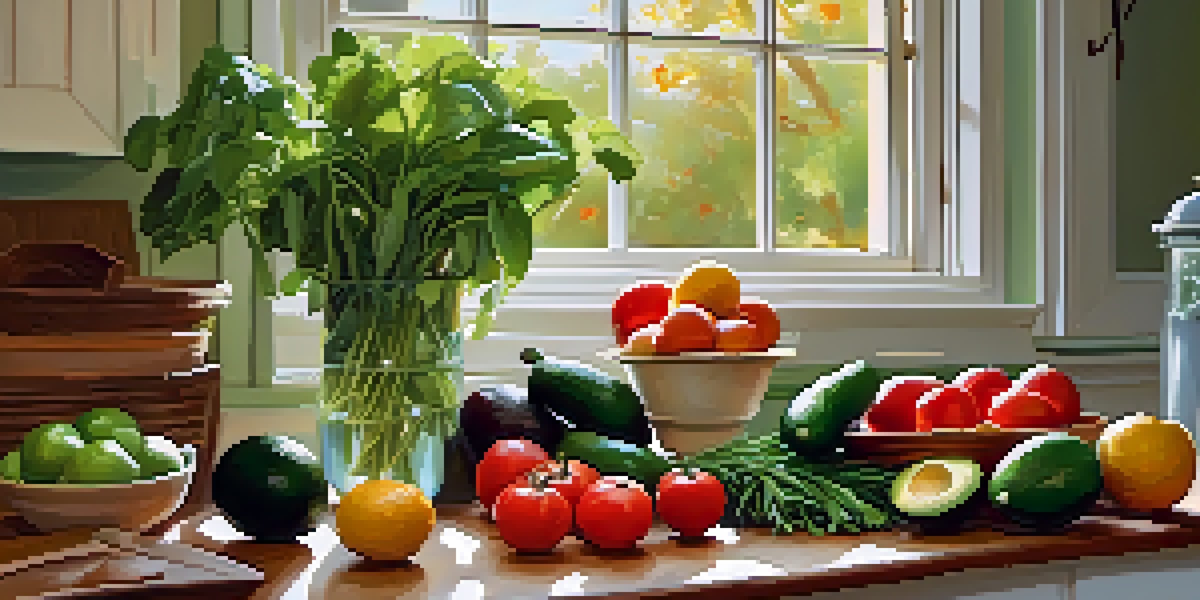 A bright kitchen with a wooden table filled with fresh fruits and vegetables, illuminated by sunlight, highlighting leafy greens and herbs in pots.