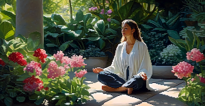 A person meditating in a peaceful garden filled with colorful flowers and greenery, illuminated by soft morning light.