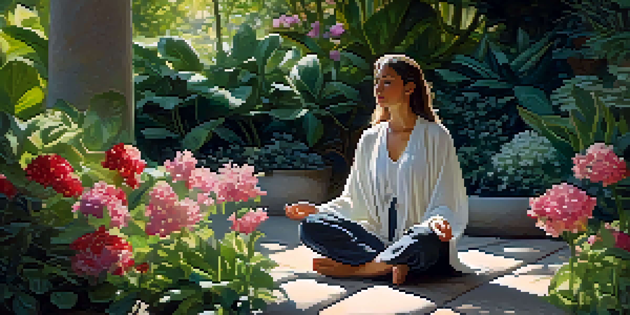 A person meditating in a peaceful garden filled with colorful flowers and greenery, illuminated by soft morning light.