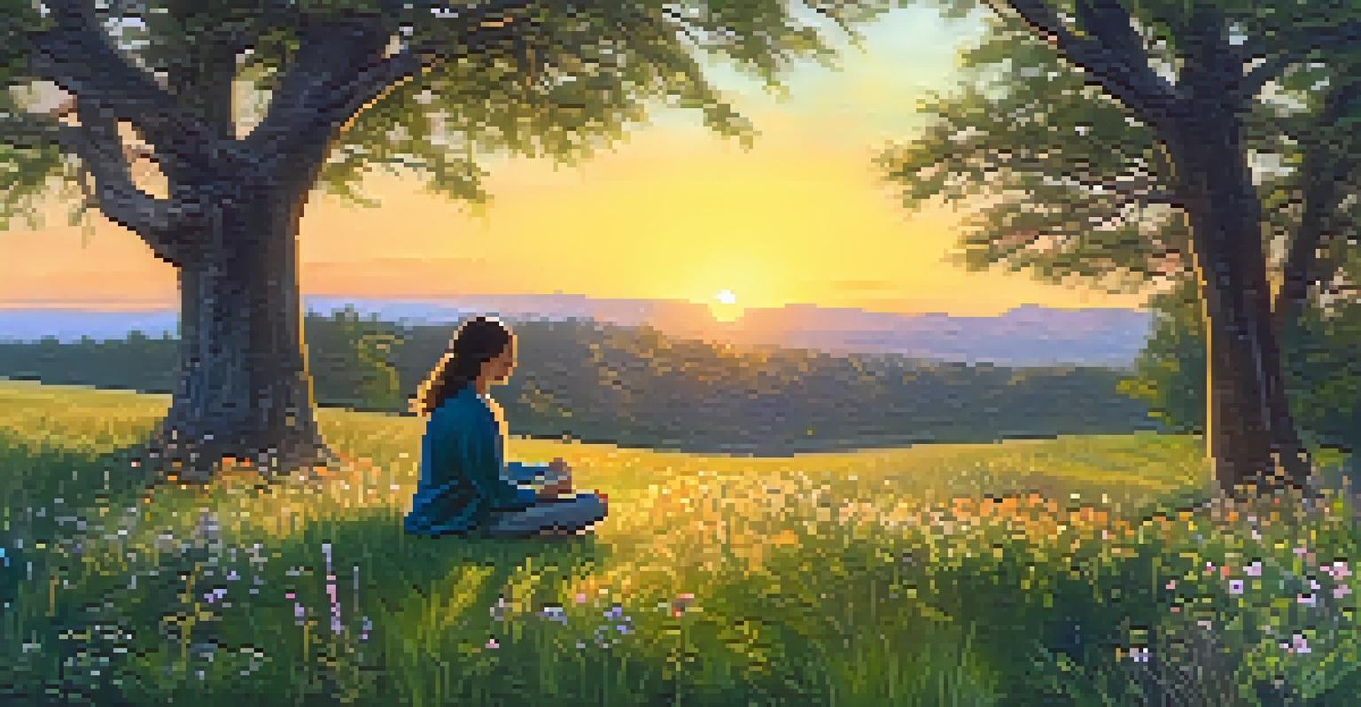 A person sitting on grass, sipping herbal tea surrounded by wildflowers during sunset, evoking a sense of peace.