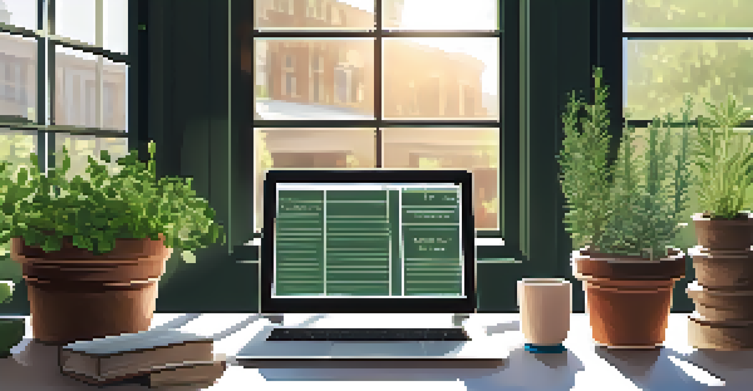 A modern workspace with a desk, laptop, and potted herbs like rosemary and peppermint, illuminated by sunlight with a chalkboard listing herb benefits.